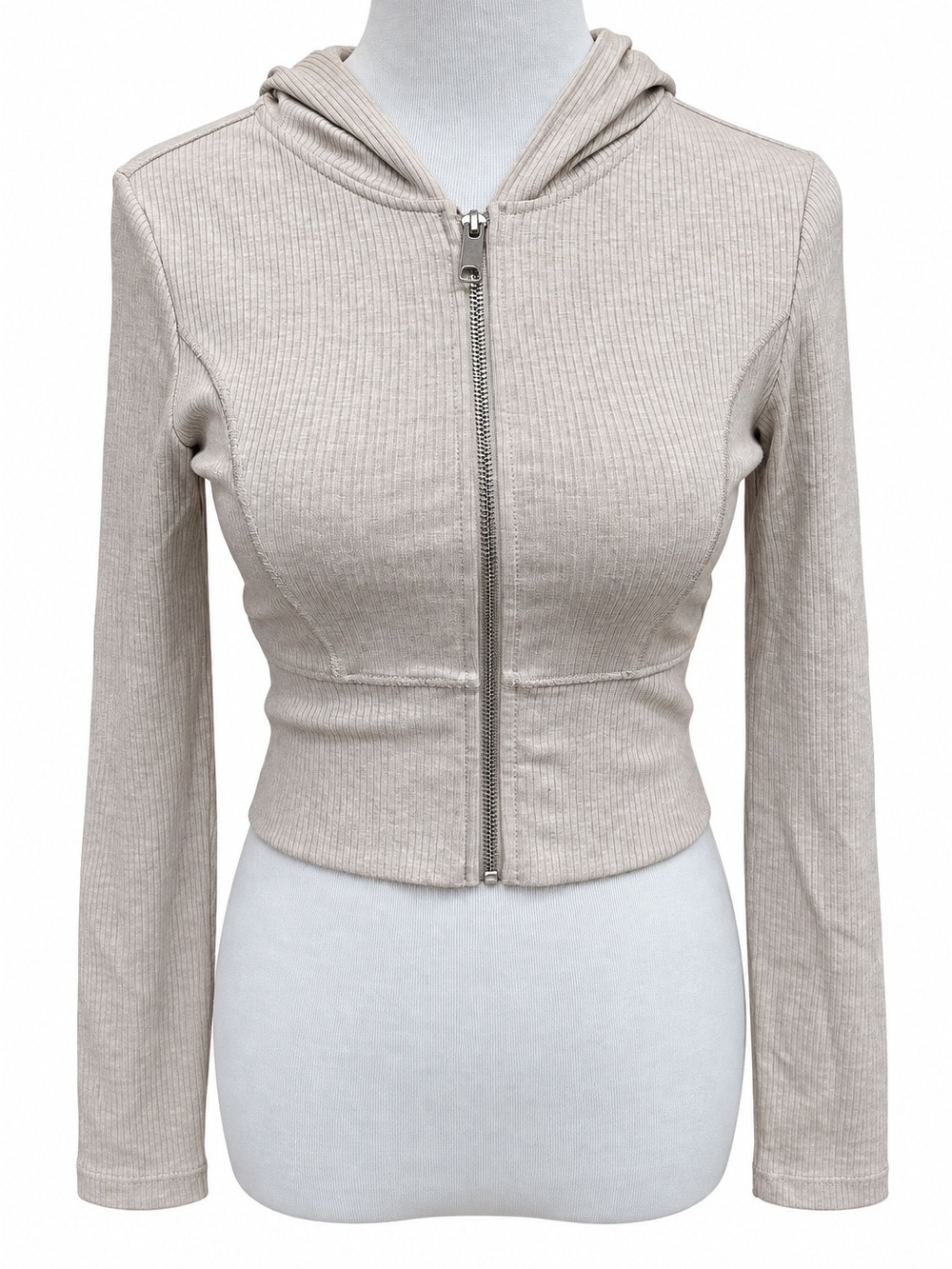 Garage Ribbed Zip Front Hoodie in Beige